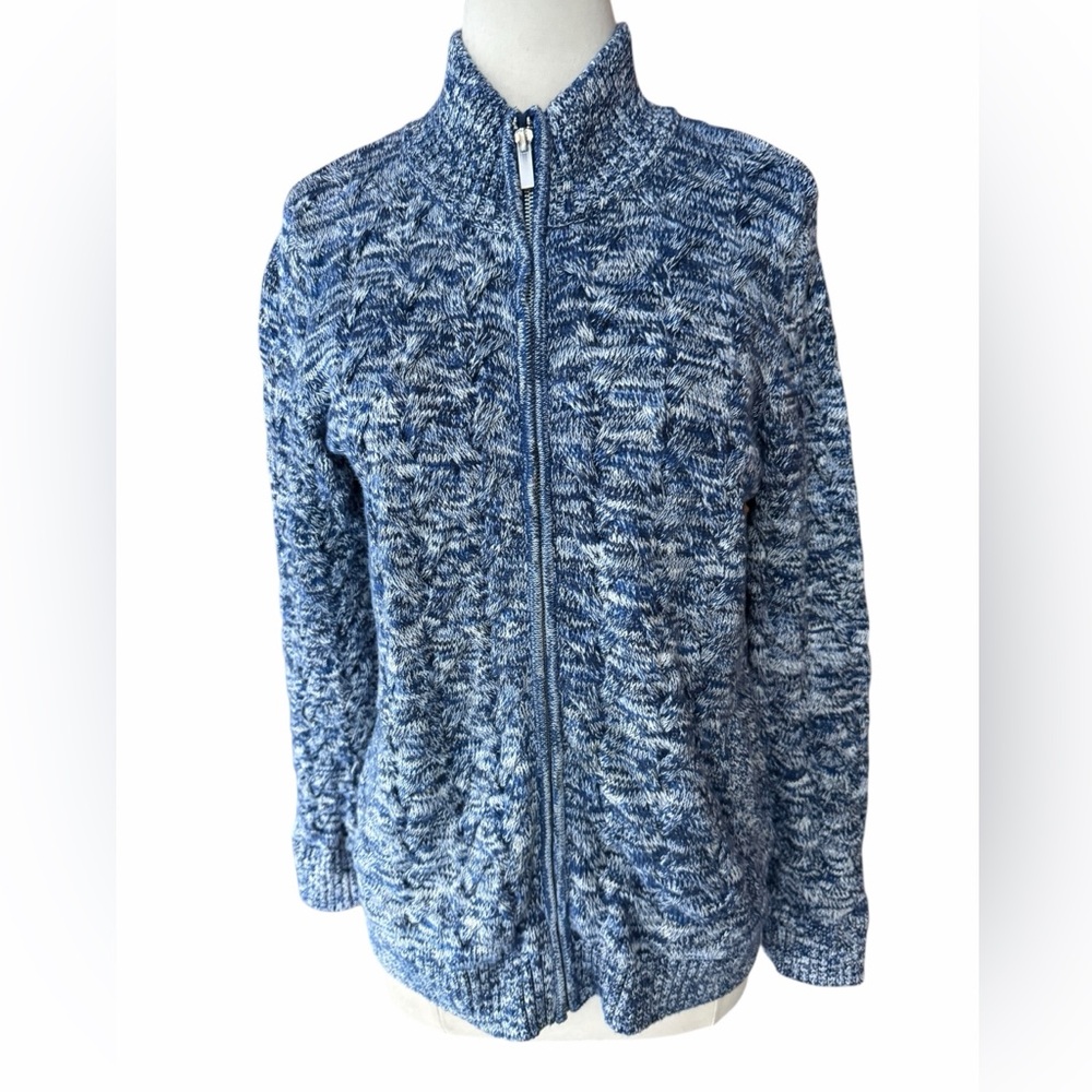 1990s/Y2K Lands’ End Drifter 100% Cotton Marl Knit Mock Neck Hip Pockets Full Zi